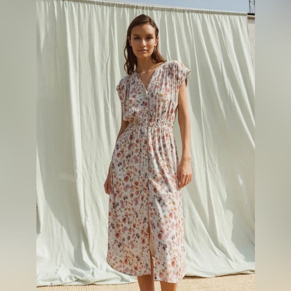 Indi & Cold Manuela Cap Sleeve Button Front Midi, Fungi print dress Mulberry XS